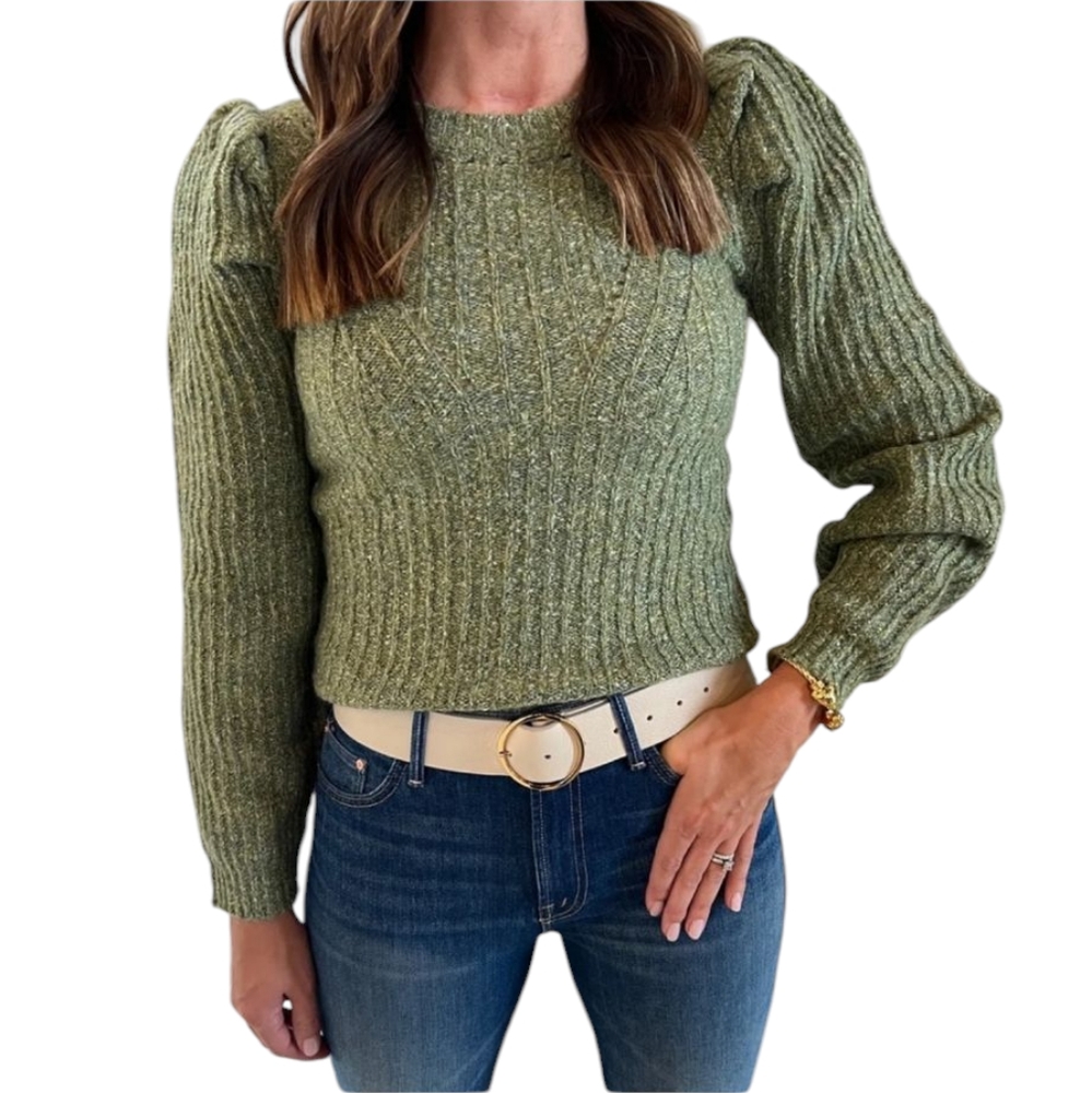 525 America Pointelle knit puff sleeve sweater wool blend green - Picture 2 of 8